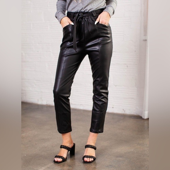 Bishop + Young Harper Vegan Leather Black Straight Leg High Rise Pants - Picture 1 of 10